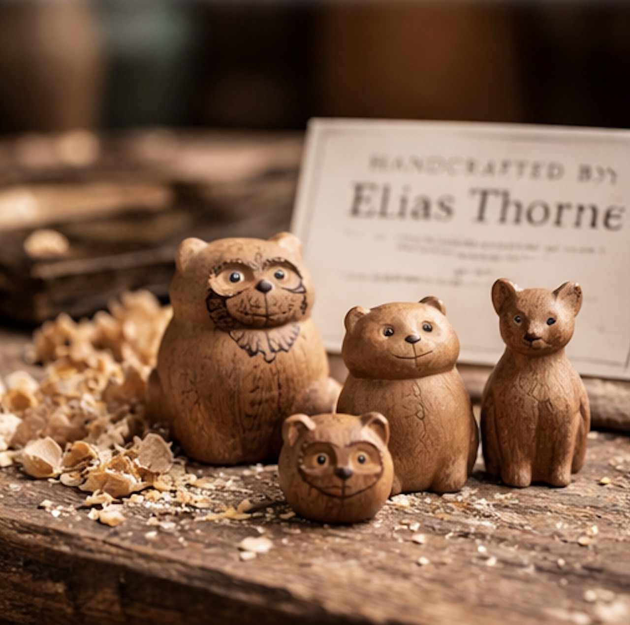 A small grouping of hand-carved wooden animal figures on a workbench beside wood shavings